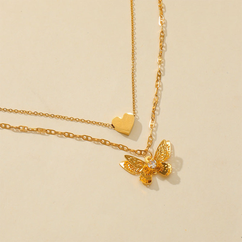 Wholesale Double Layer Titanium Steel Heart Butterfly Stand Necklace OLY-NE-ChunN002